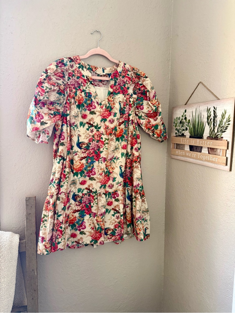 entro Floral Puff-Sleeve Kids Dress in Cream with Pink, Green, Blue and Orange